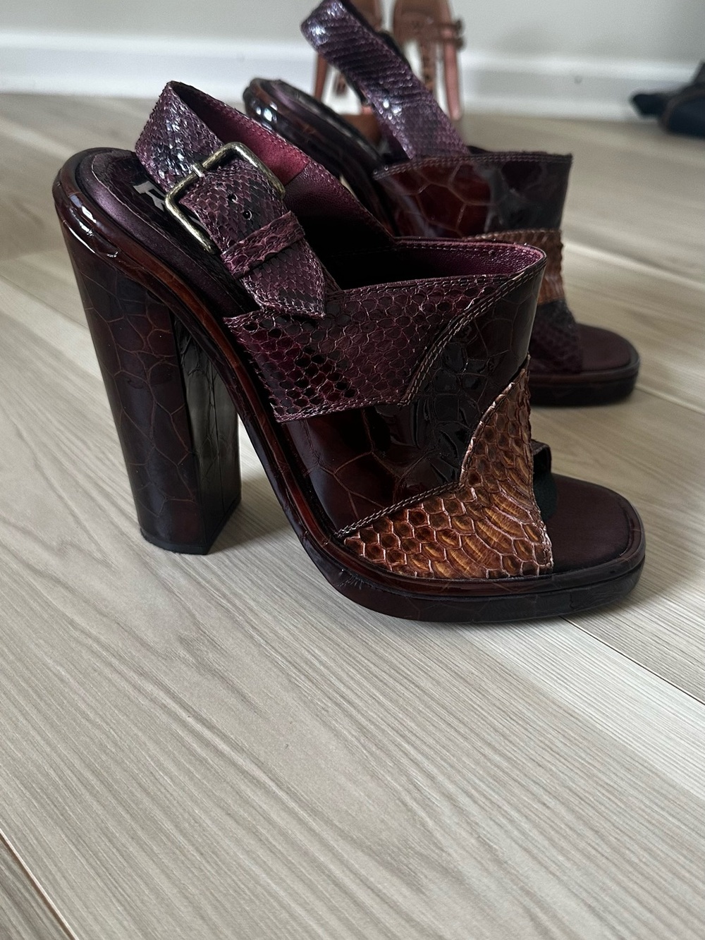 Rochas Women's Multi-Tone Burgundy & Brown Block Heel Sandals reptile skin